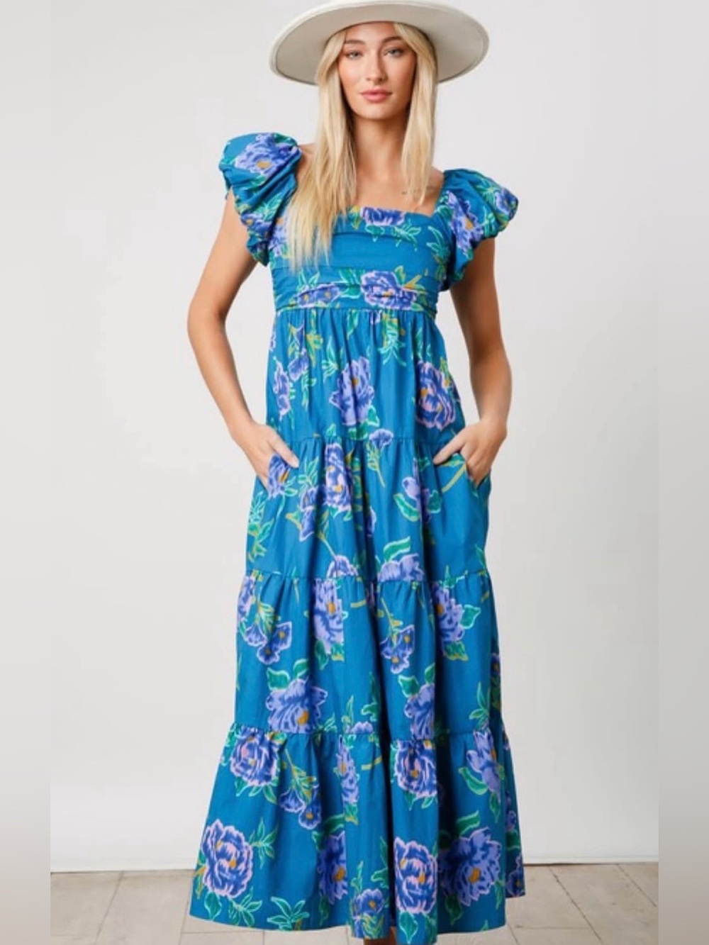 Peach Love Teal Tiered Maxi Dress with Puff Sleeves in Purple Floral, Small